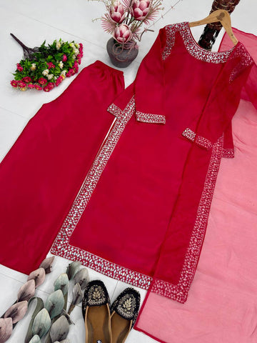 Stylish Heavy Silk Embroidery Work Palazzo Suit