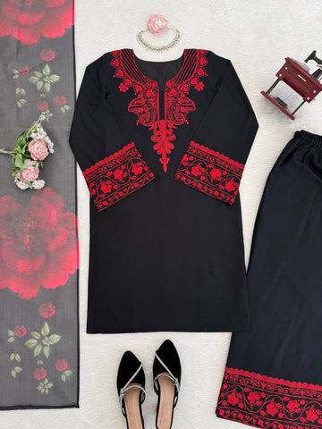 Lovely Black Rayon Cotton with Thread Work Sharara Suit