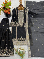 Alluring Black Silk with Sequence Work Sharara Suit