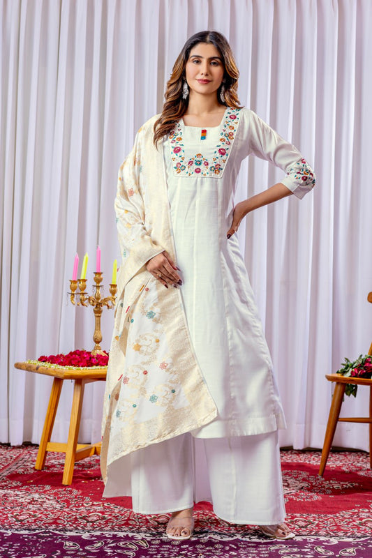 Lovely White Mango Silk with Multi Embroidery Kurti Set