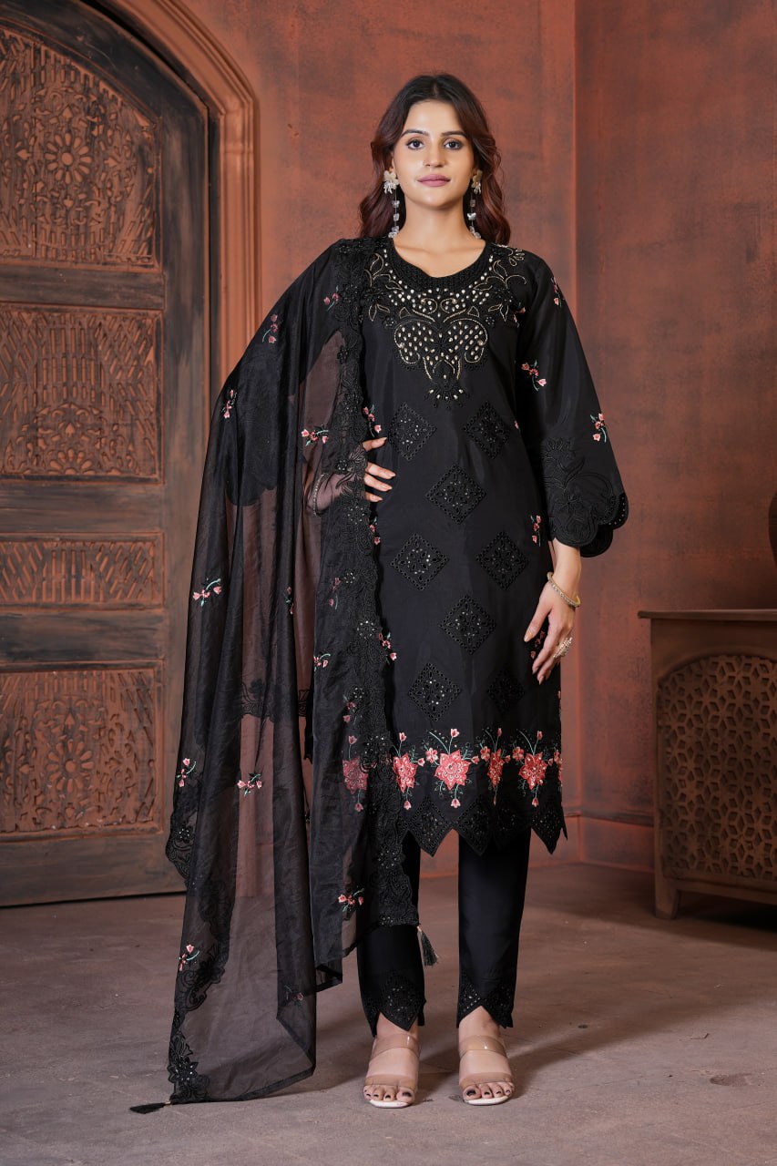 Captivating Black Heavy Viscose Roman Embroidery Sharara Suit