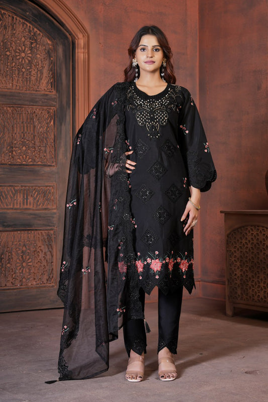 Captivating Black Heavy Viscose Roman Embroidery Sharara Suit