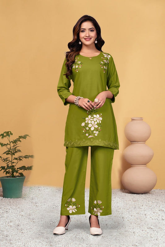 Alluring Green Heavy Viscose Rayon with Multi Embroidery Thread Work Co-Ords Set