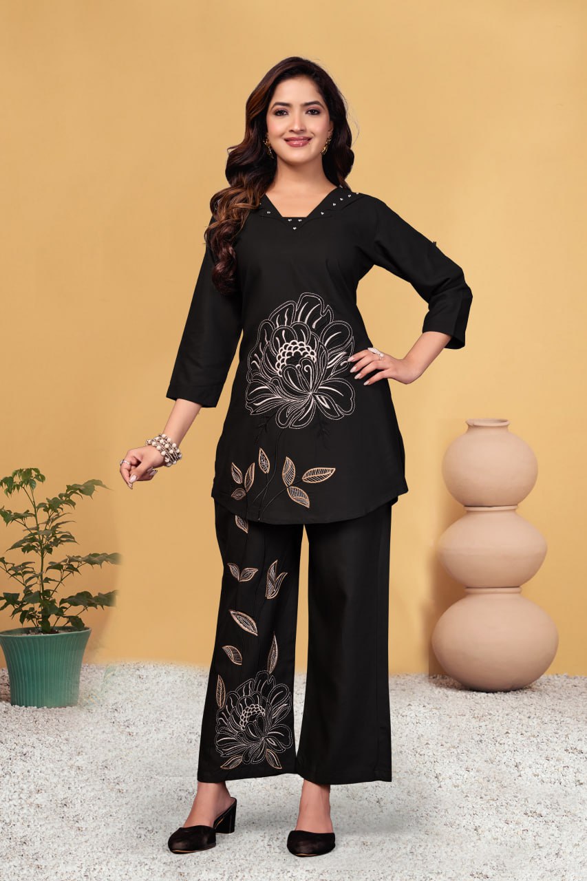 Attractive Black Viscose Rayon Multi Embroidery Work Co-Ord Set