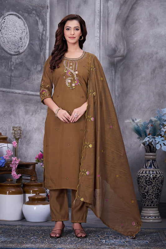 Stylish Brown Roman Silk with Thread Work Kurti Set