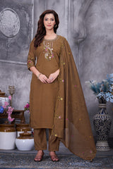 Stylish Brown Roman Silk with Thread Work Kurti Set