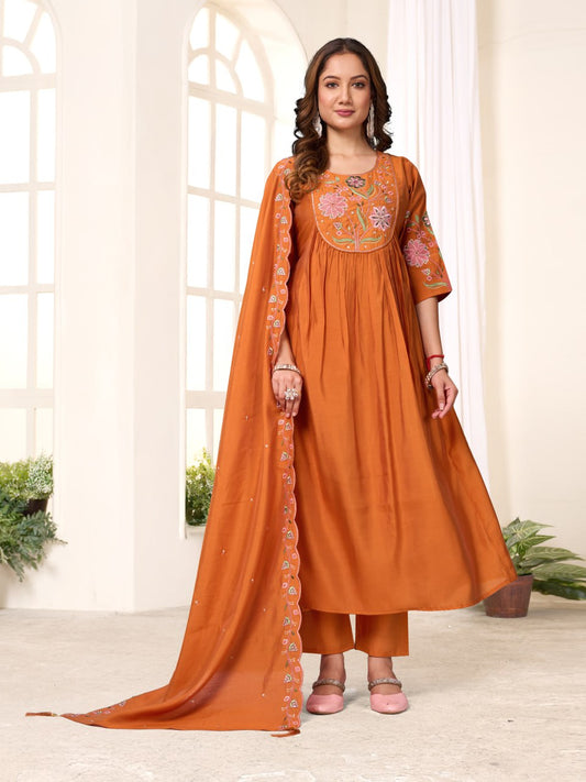 Lovely Orange Viscose Roman Silk Multi Embroidery Work Anarkali Kurti Set