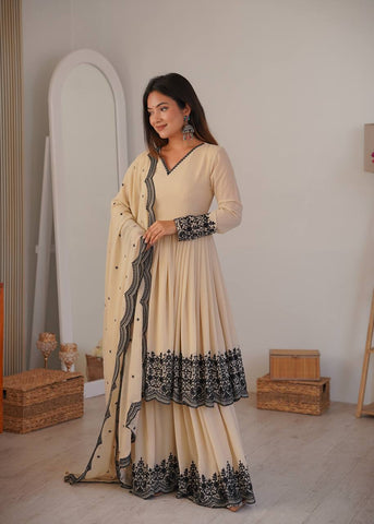 Gorgeous Cream Faux Georgette Embroidery Work Sharara Suit