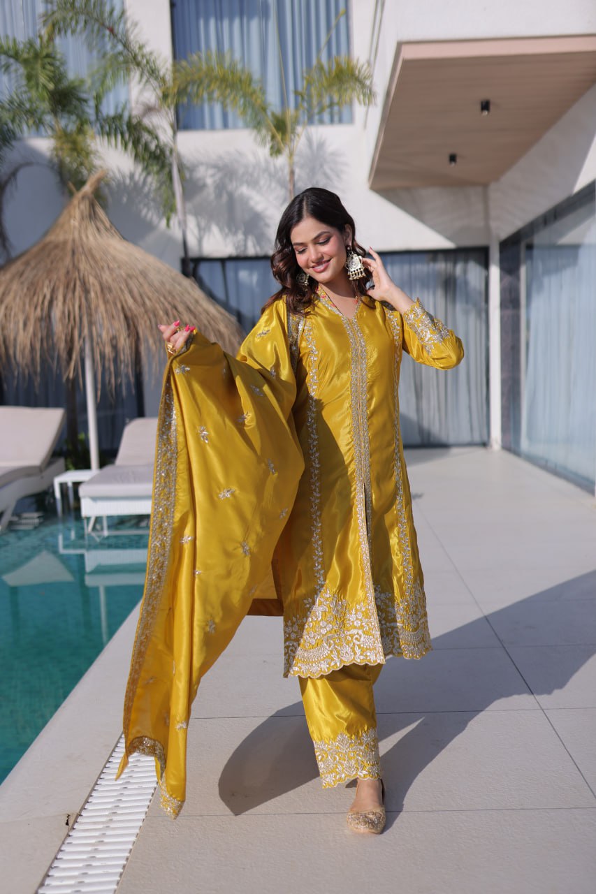 Amazing Yellow Fabrics with Sequins Work Kurti Set
