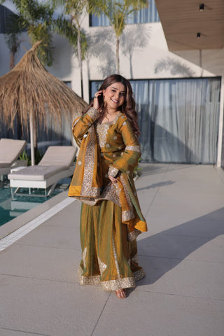 Captivating Fendi Chiffon with Zari Work Sharara Suit