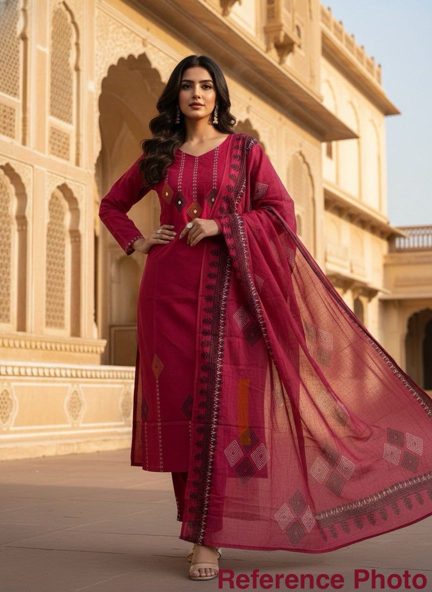 Lovely Maroon Cotton with Mirror Hand Work Kurti Set