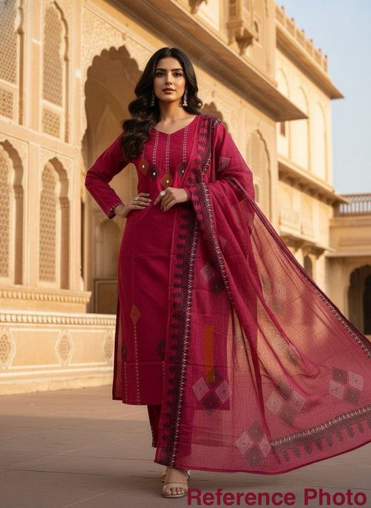 Lovely Maroon Cotton with Mirror Hand Work Kurti Set