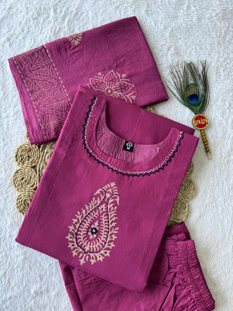Rani Pink Cotton with Mirror Hand Work Kurti Set