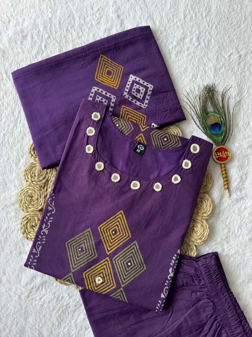Lovely Purple Cotton with Real Mirror Hand Work Kurti Set