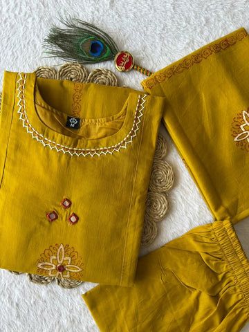 Mustard Cotton with Mirror Hand Work Kurti Set