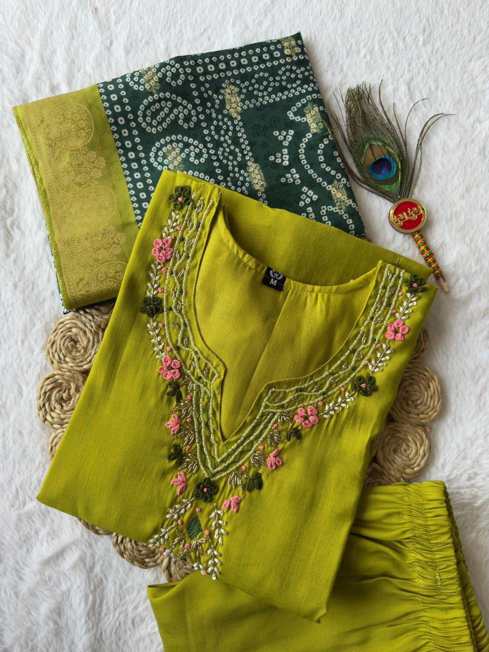 Amazing Green Lichi Silk Jacquard Work Kurti Suit
