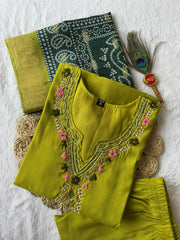 Amazing Green Lichi Silk Jacquard Work Kurti Suit
