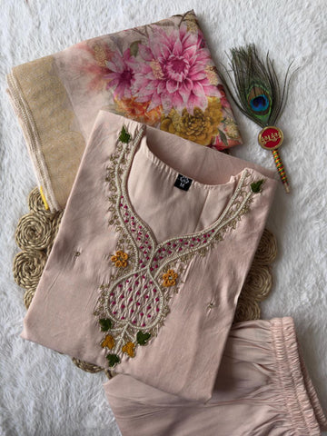 Charming Light Peach Premium Roman Silk Hand Work Suit