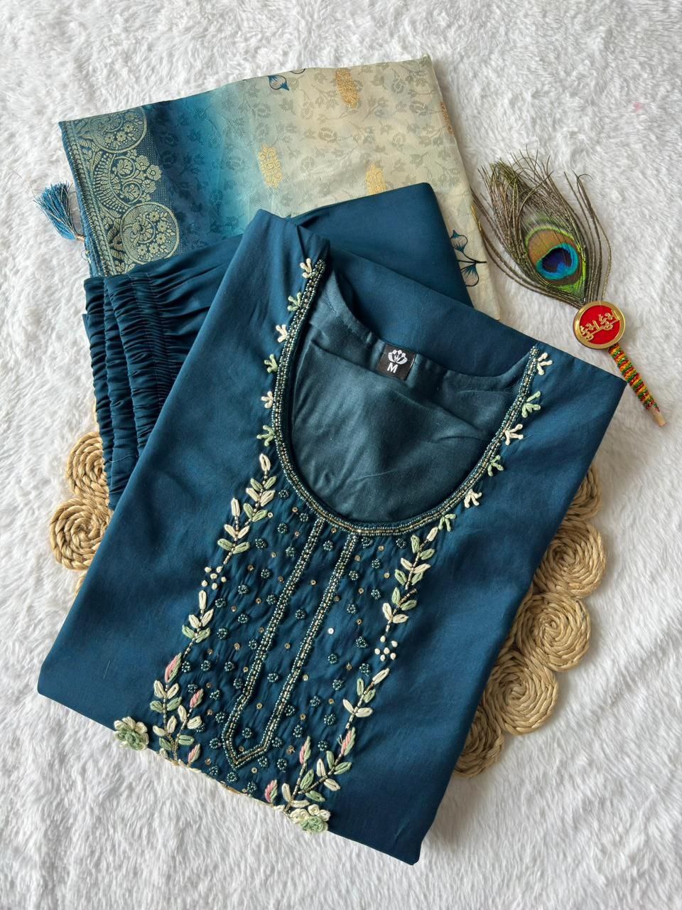 Lovely Blue Premium Roman Silk Hand Work Suit