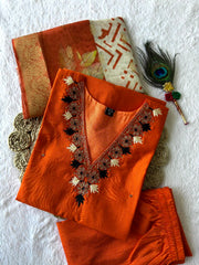 Exclusive Orange Roman Silk with Hand Work Kurti Set