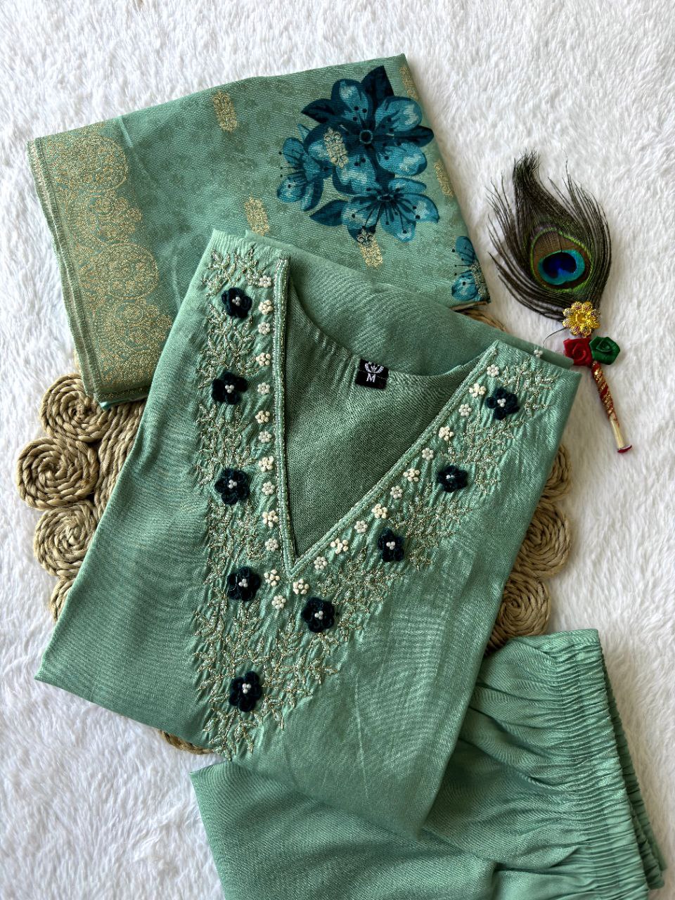 Pista Green V-Neck Floral Embroidered Kurti Set