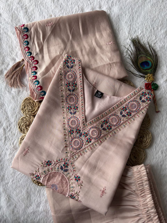 Elegant Pink Roman Silk Embroidery Kurti Suit