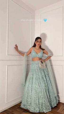 Exclusive Blue Butterfly Net Embroidery Lehenga