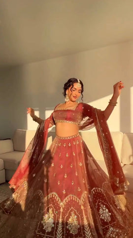 Exclusive Rust Silk With Thread Work Lehenga Choli