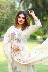 Exclusive Beige Pure Cotton Embroidery Work Suit