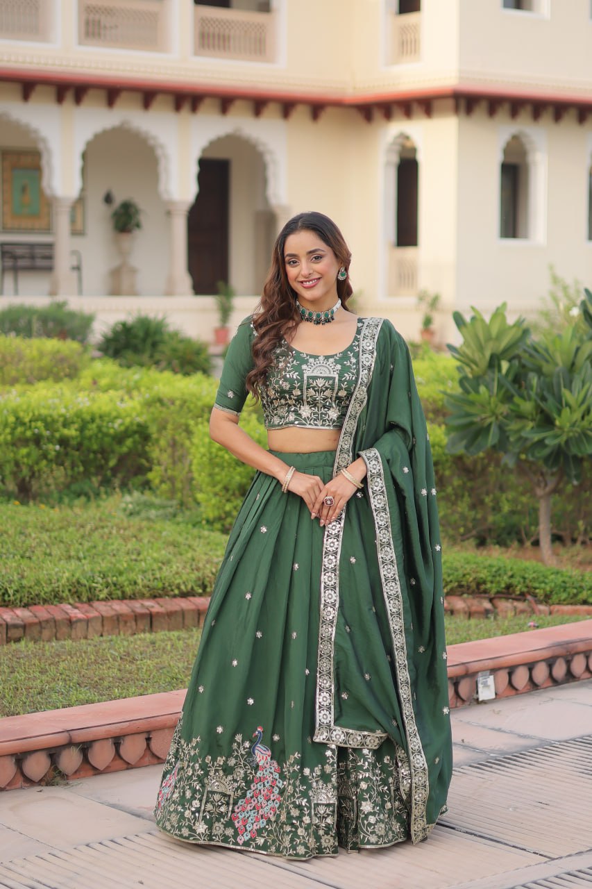 Amazing Green Vichitra Silk Embroidered Lehenga