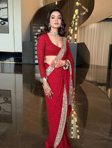 Lovely Red Faux Georgette Jari Work Saree