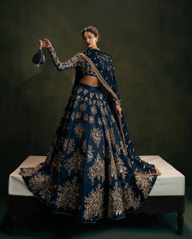 Wedding Navy Blue Polo Silk Zari Work Lehenga Choli