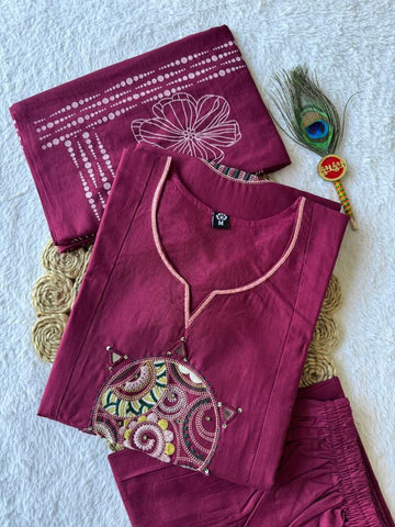 Alluring Burgundy Cotton Embroidery Work Kurti