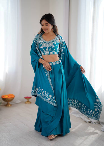 Exclusive Teal Blue Silk Embroidery Work Skirt With Top