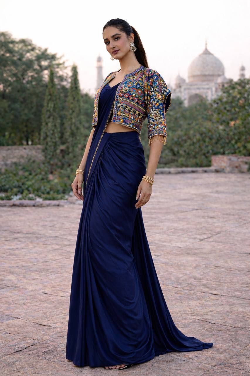 Amazing Blue Heavy Crepe Silk Embroidery Jacket With Saree