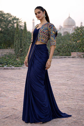 Amazing Blue Heavy Crepe Silk Embroidery Jacket With Saree