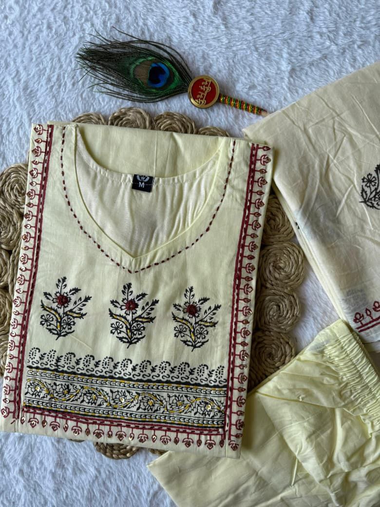 Exclusive Light Yellow Pure Cotton Hand Work Suit