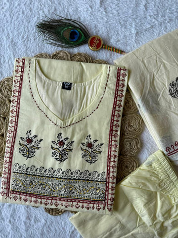 Exclusive Light Yellow Pure Cotton Hand Work Suit