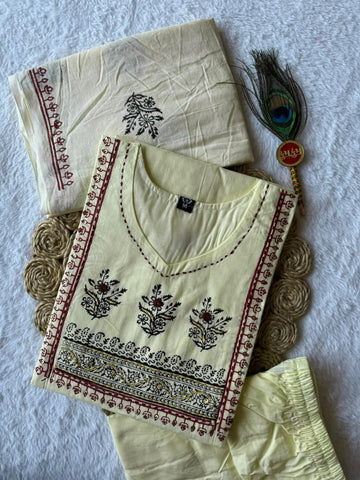 Exclusive Light Yellow Pure Cotton Hand Work Suit