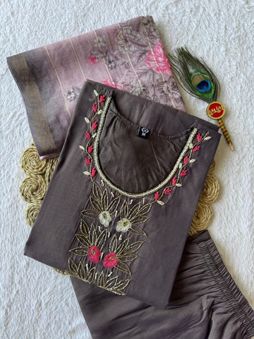 Lovely Vampire Grey Mul Chanderi Hand Work Suit