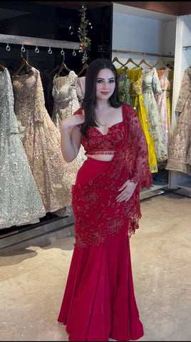 Luxuriant Red Natural Crepe Thread Work Lehenga Saree