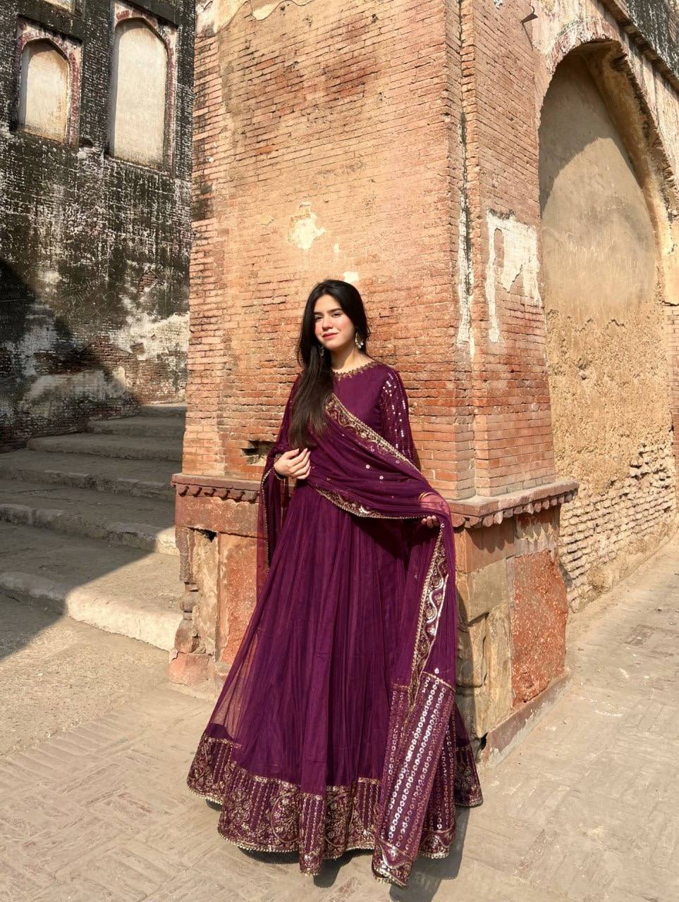 Fabulous Maroon Faux Georgette Thread and Sequence Work Gown