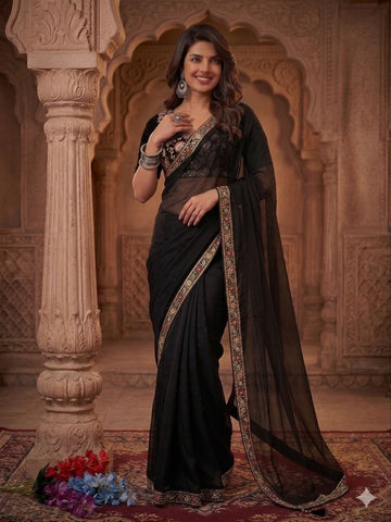 Exclusive Black Burberry Silk with Beads Work Saree