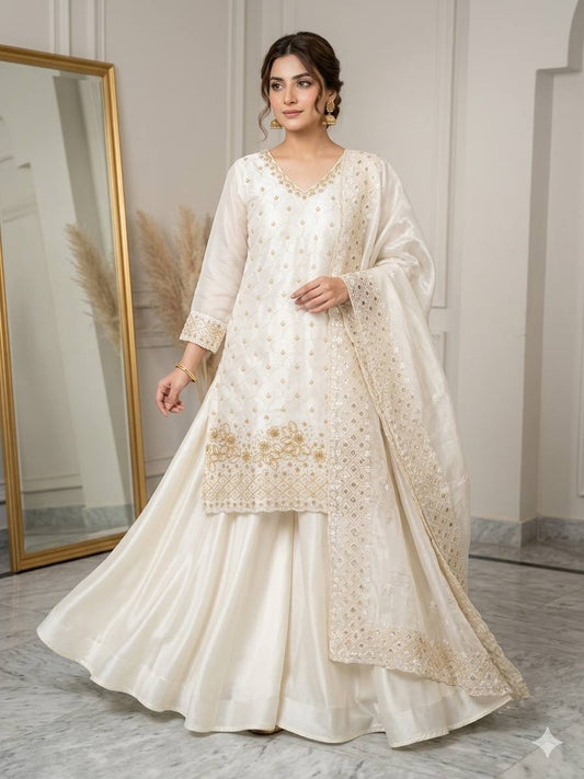 Lovely White Fendy with Beads Work Kurti Set