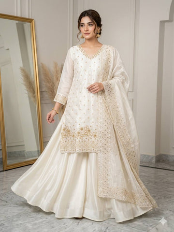 Lovely White Fendy with Beads Work Kurti Set