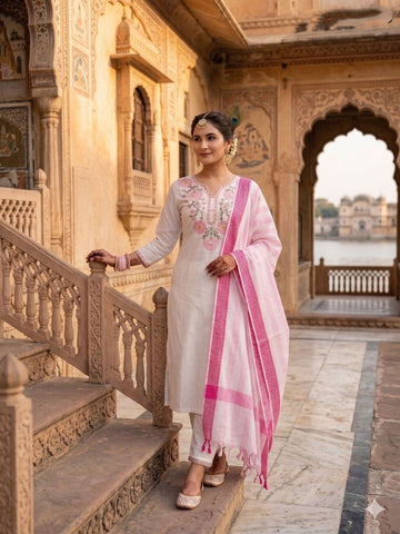 White Floral Embroidered Suit with Dupatta
