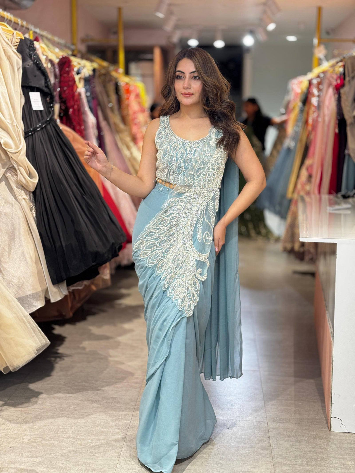 Sky Blue Peacock Embroidered Saree