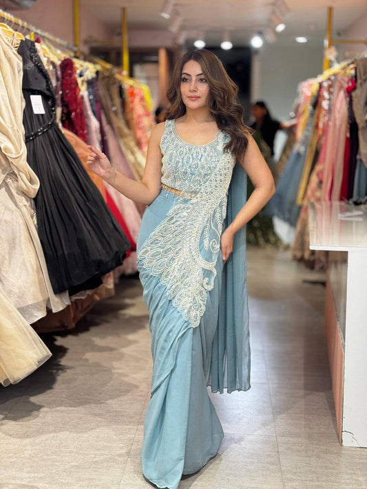 Sky Blue Peacock Embroidered Saree