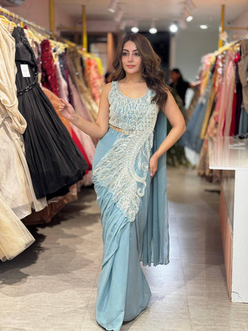 Sky Blue Peacock Embroidered Saree