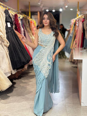 Sky Blue Peacock Embroidered Saree